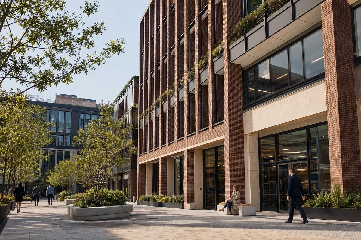 A contemporary commercial building with landscaped public realm.