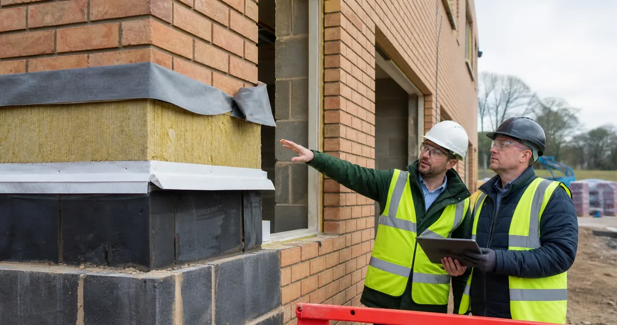 Two people inspecting the wall build-up and junction detailing on site.