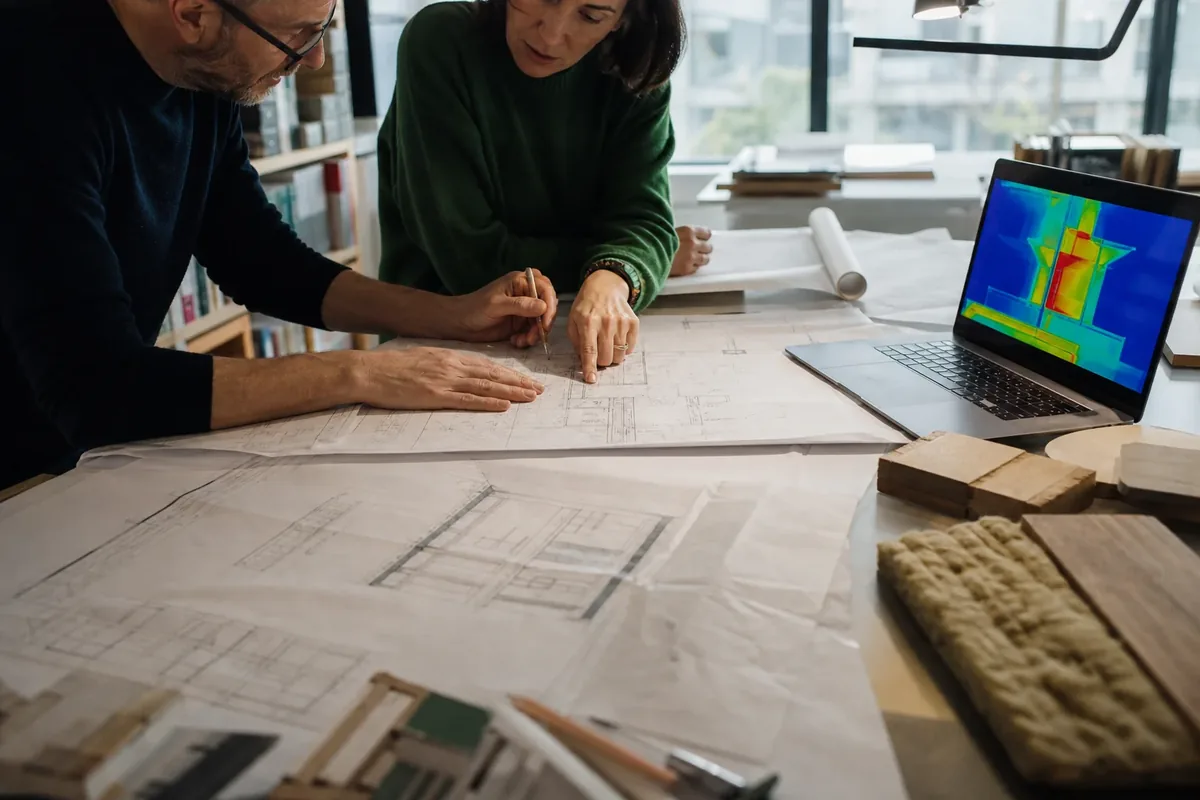 Two designers reviewing large format building drawings on a desk.