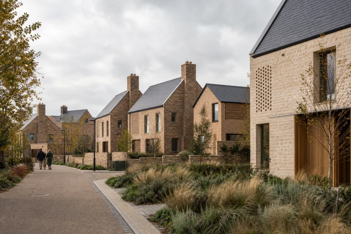A landscaped development of new homes beside a pedestrian route.