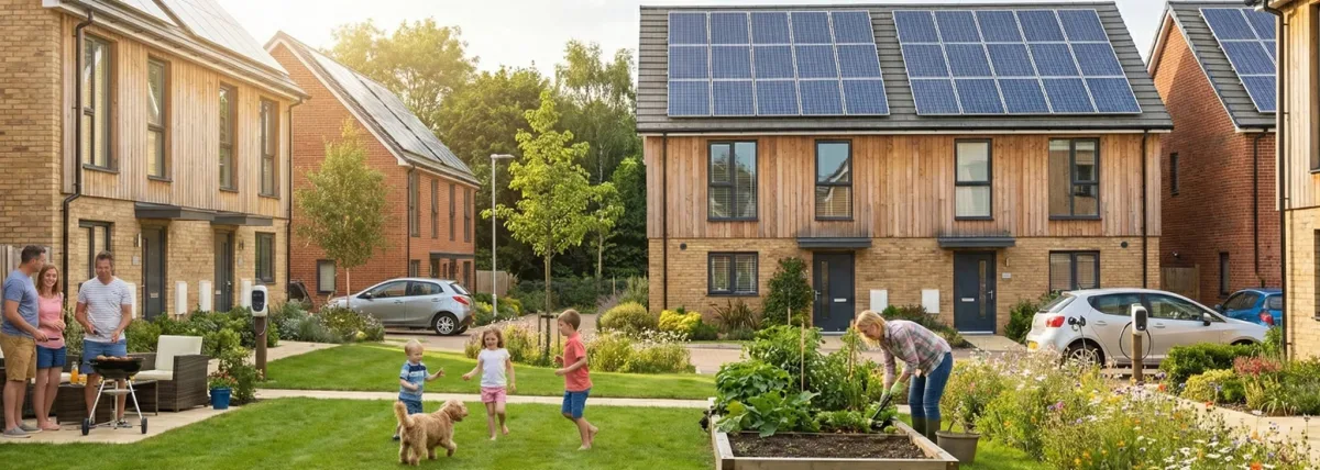 Families outside modern brick homes with roof-mounted solar panels.