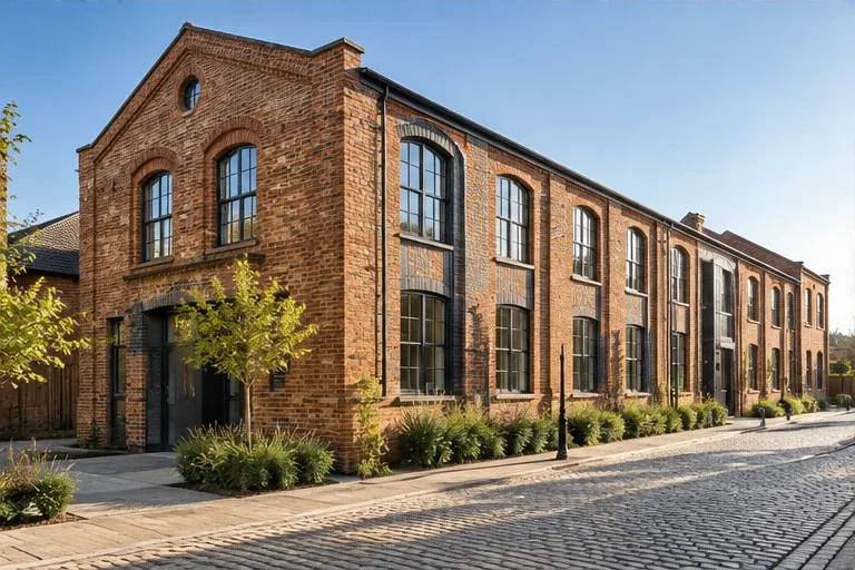 A terrace of contemporary brick townhouses.