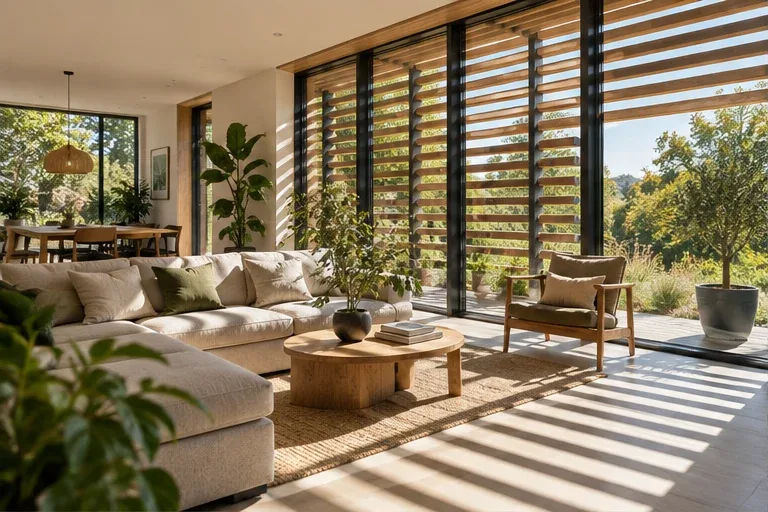 A living space with external shading controlling sunlight.