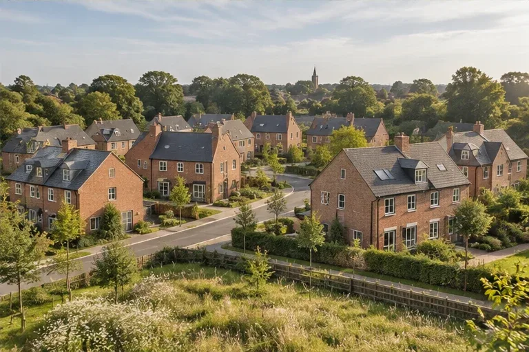 An aerial view across a new residential neighbourhood.