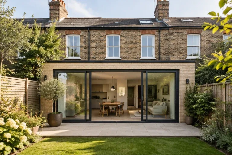 A rear extension with large glazed doors opening to a garden.