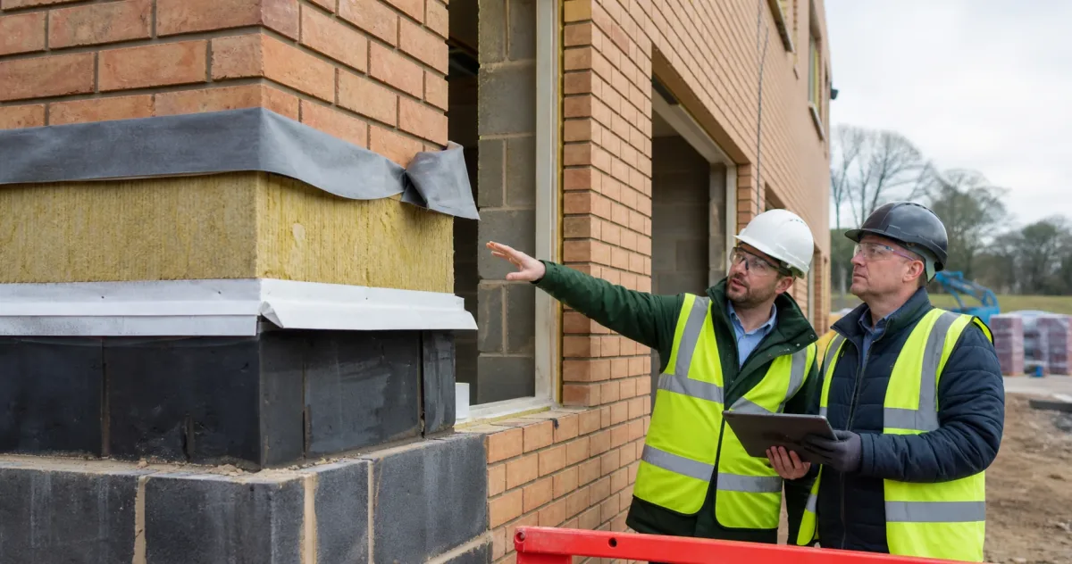 Two site inspectors reviewing an external wall construction detail on site.