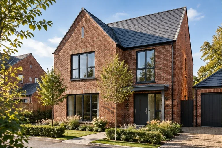 A detached modern brick home on a landscaped development.