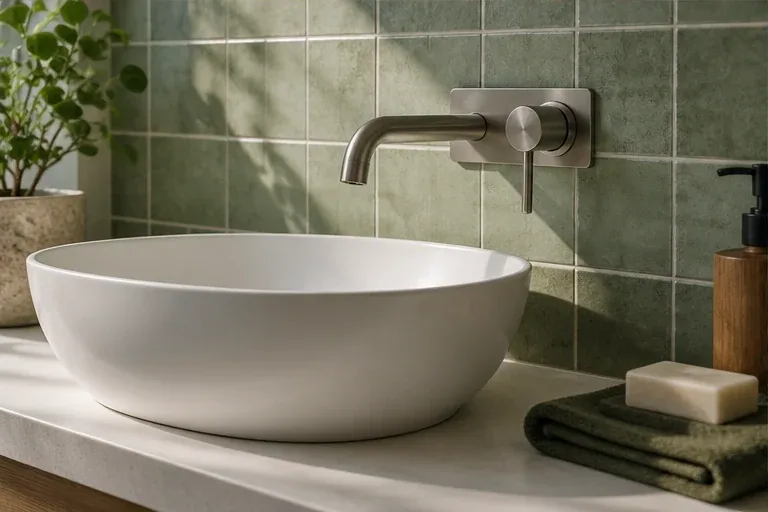 A modern basin and water-efficient bathroom fitting.
