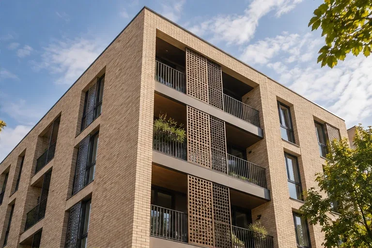 A modern apartment building with balconies and brick detailing.