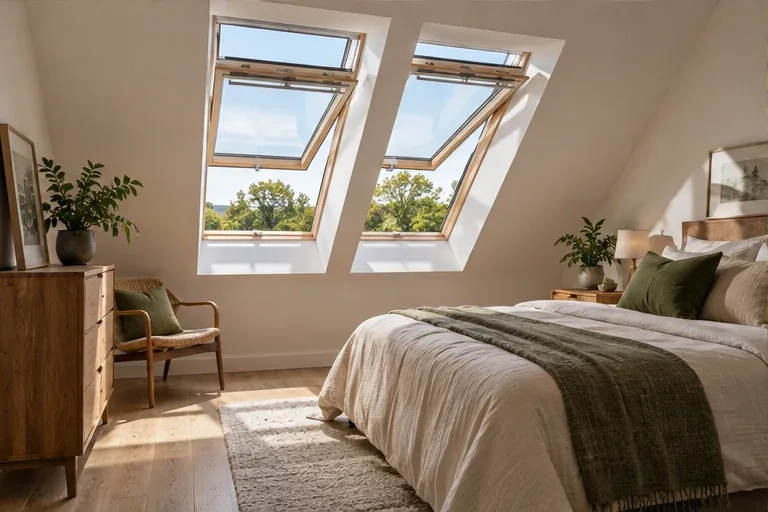 A loft bedroom with rooflights bringing in daylight.