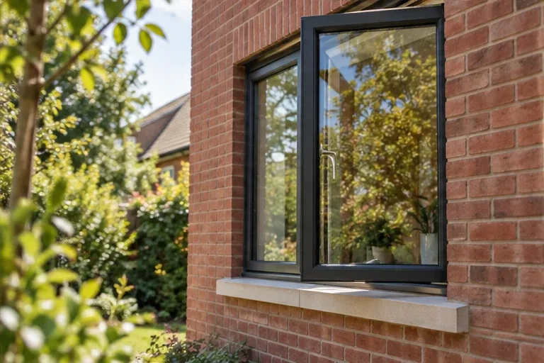 A close-up of a modern residential window set in a brick wall.