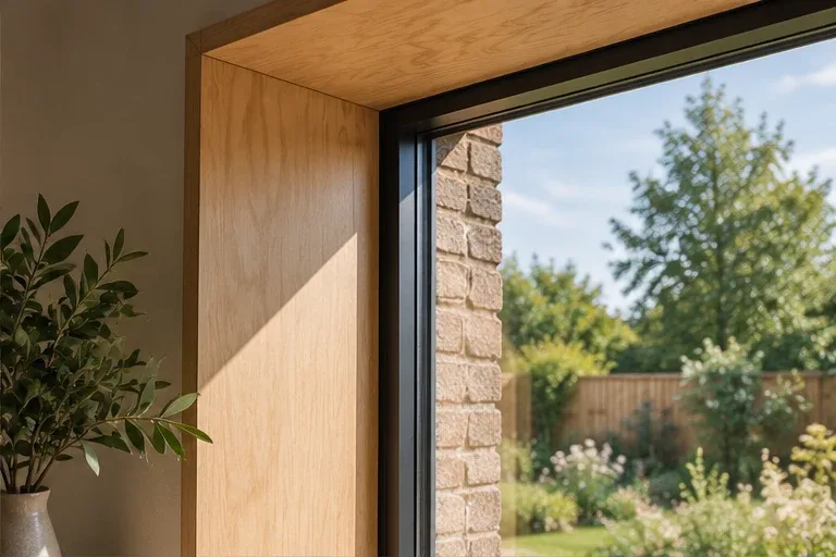 A deep window reveal bringing daylight into a modern interior.