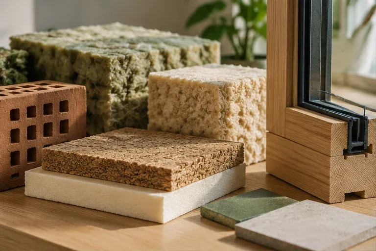 Natural insulation and construction materials beside a timber-framed window.