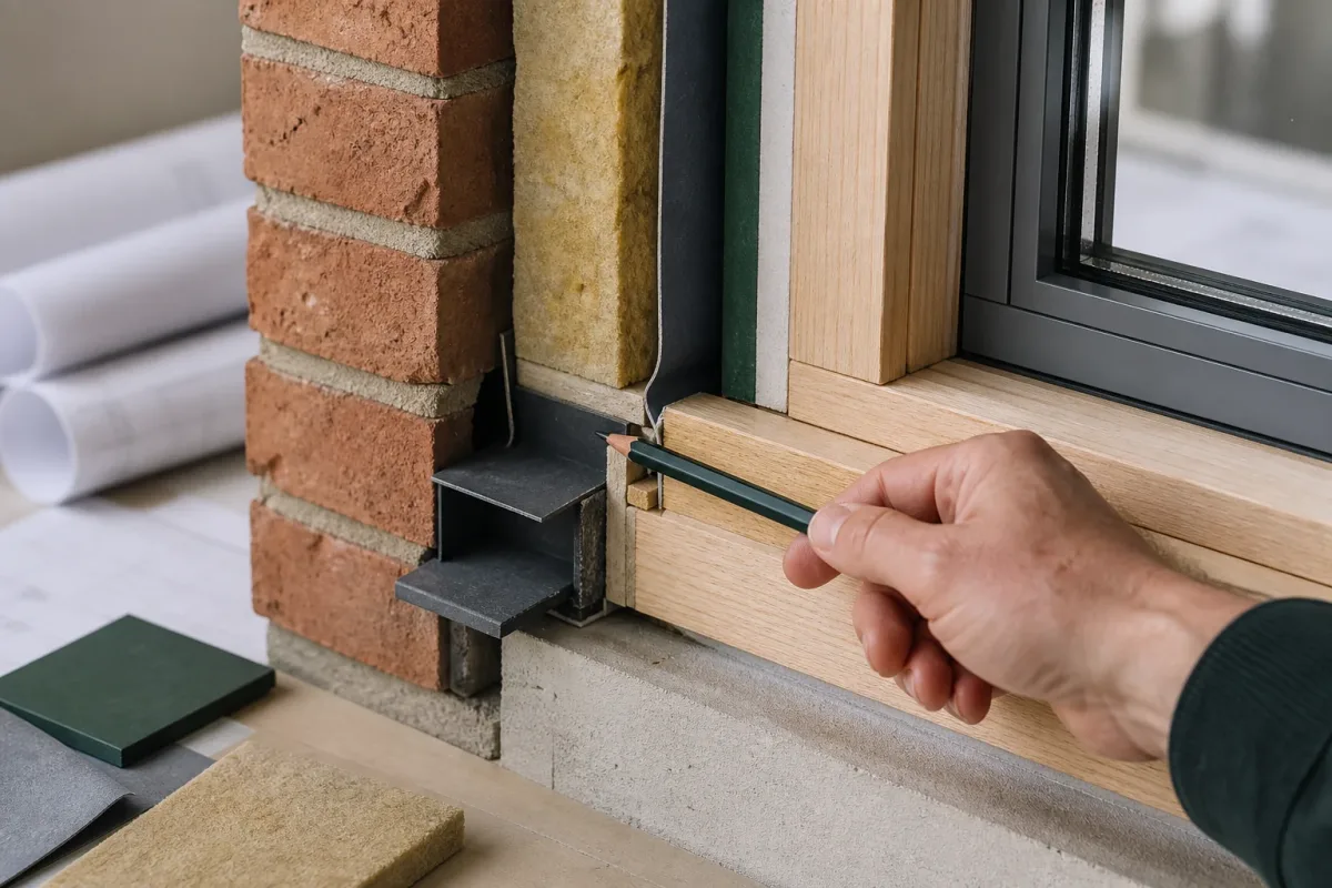 A close-up of a window installation and surrounding wall junction.