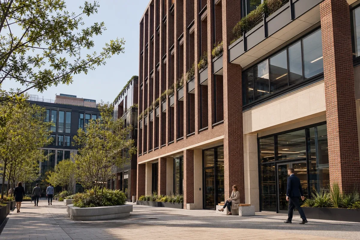 A contemporary commercial building with landscaped public realm.